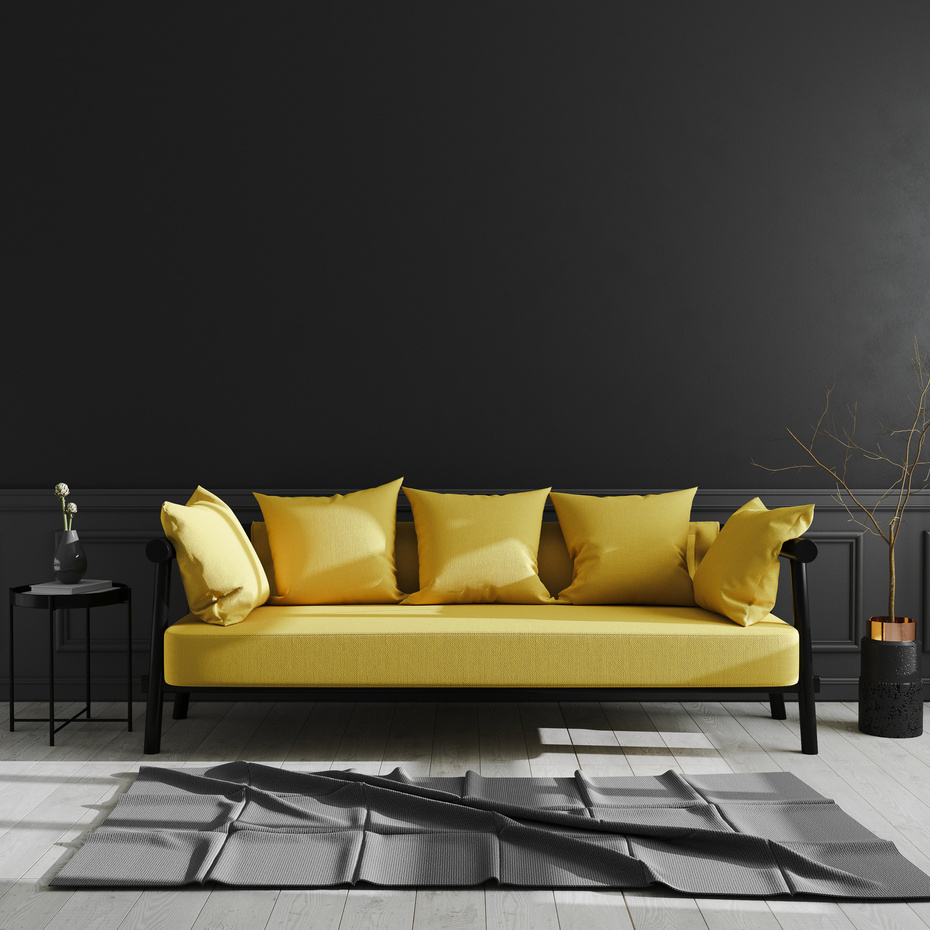Dark Living Room Interior with Yellow Sofa Mockup